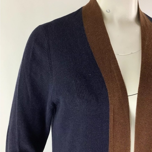 Eileen Fisher Sz M Lightweight Duster Cardigan Blue Brown Trim Tencel Silk - Picture 2 of 6